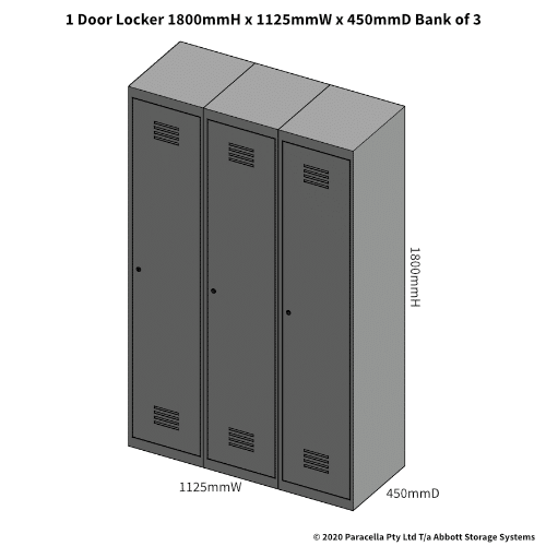 Grey 1 Door Locker 1800H x 375W x 450D Bank of 3 - Dimensions
