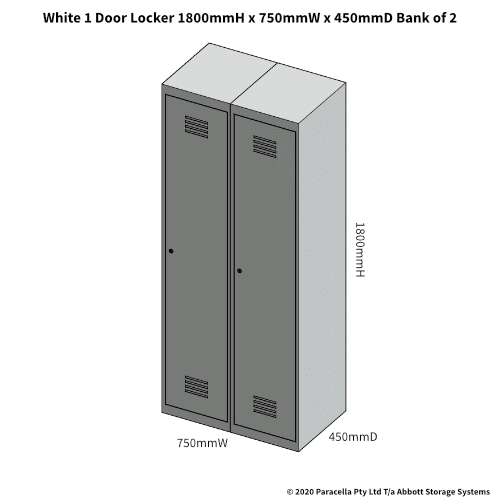 White 1 Door Locker 1800H x 375W x 450D Bank of 2 - Dimensions