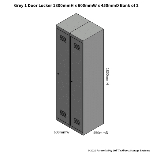 Grey 1 Door Locker 1800H x 300W x 450D Bank of 2 - Dimensions
