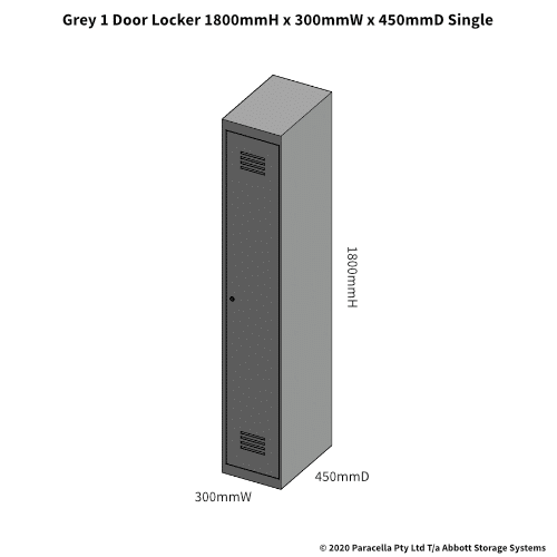 Grey 1 Door Locker 1800H x 300W x 450D Single - Dimensions