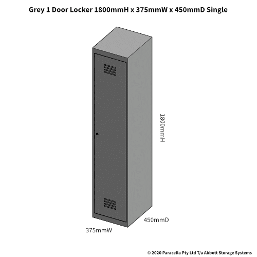 Grey 1 Door Locker 1800H x 375W x 450D Single - Dimensions