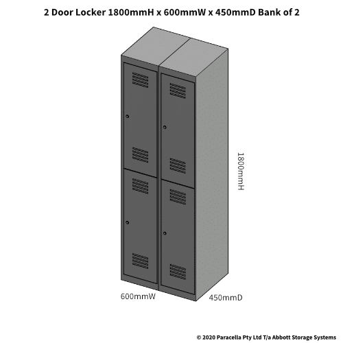Grey 2 Door Locker 1800H x 300W x 450D Bank of 2 - Dimensions
