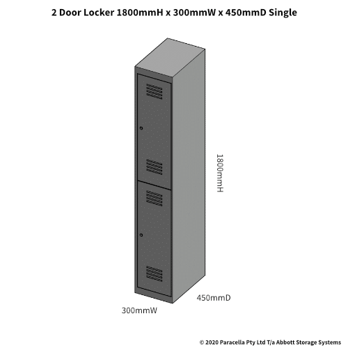 Grey 2 Door Locker 1800H x 300W x 450D Single - Dimensions