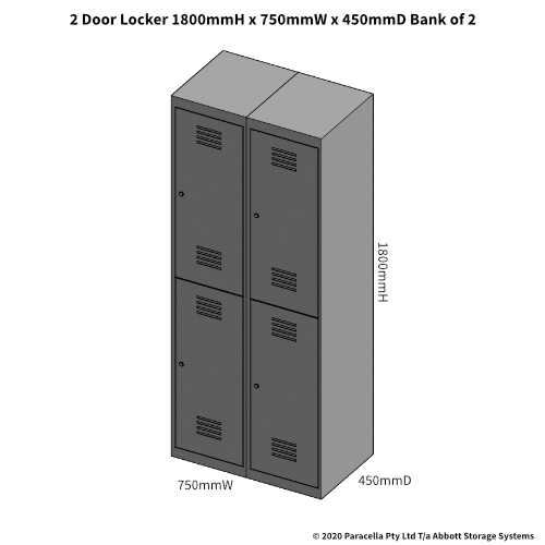Grey 2 Door Locker 1800H x 375W x 450D Bank of 2 - Dimensions